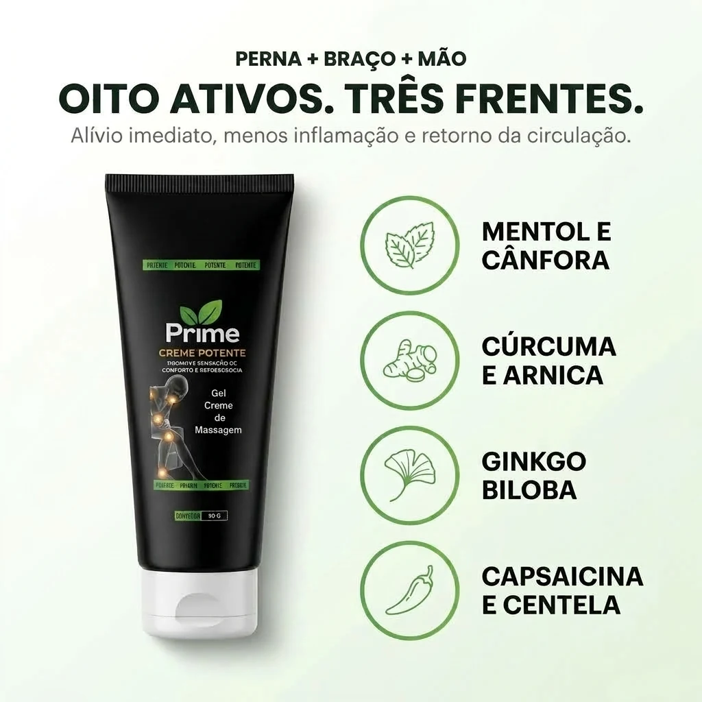 8 Ativos em três frentes: Mentol, Cânfora, Cúrcuma, Arnica, Ginkgo Biloba, Capsaicina e Centella