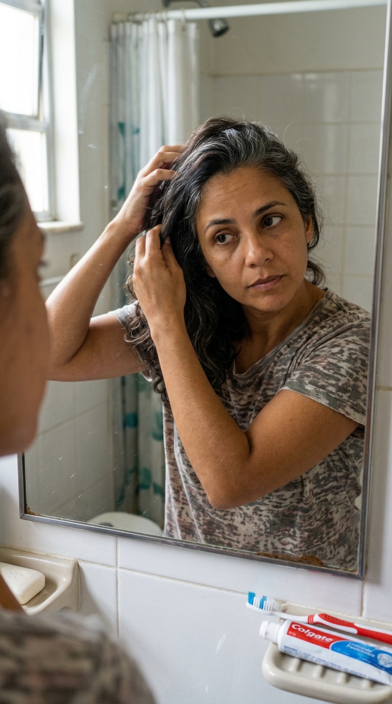 Mulher 44 anos olhando no espelho — cabelo fino, pele sem viço, sinais visíveis dos 40+