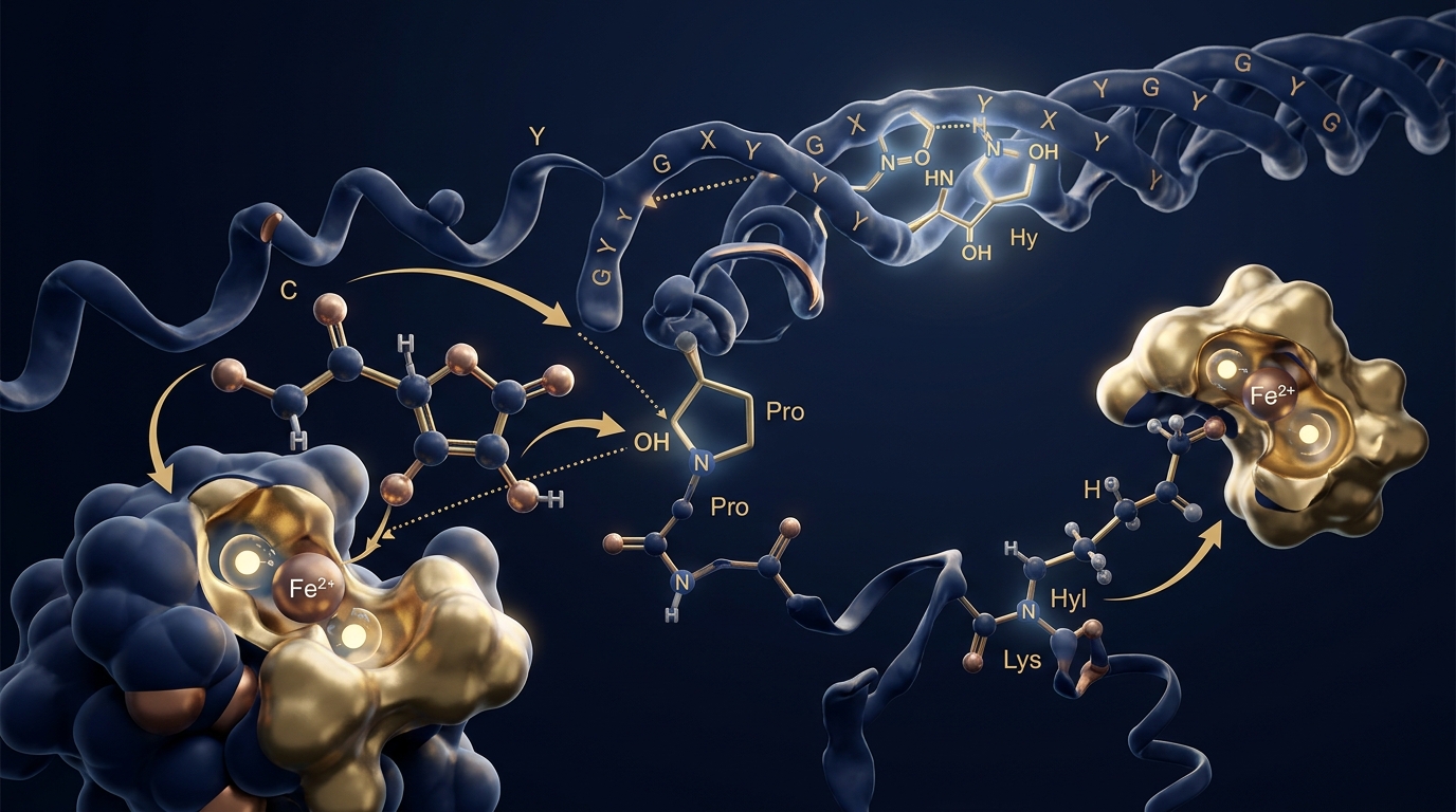 Semana 1-2 — Vitamina C ativando hidroxilação do colágeno em nível molecular