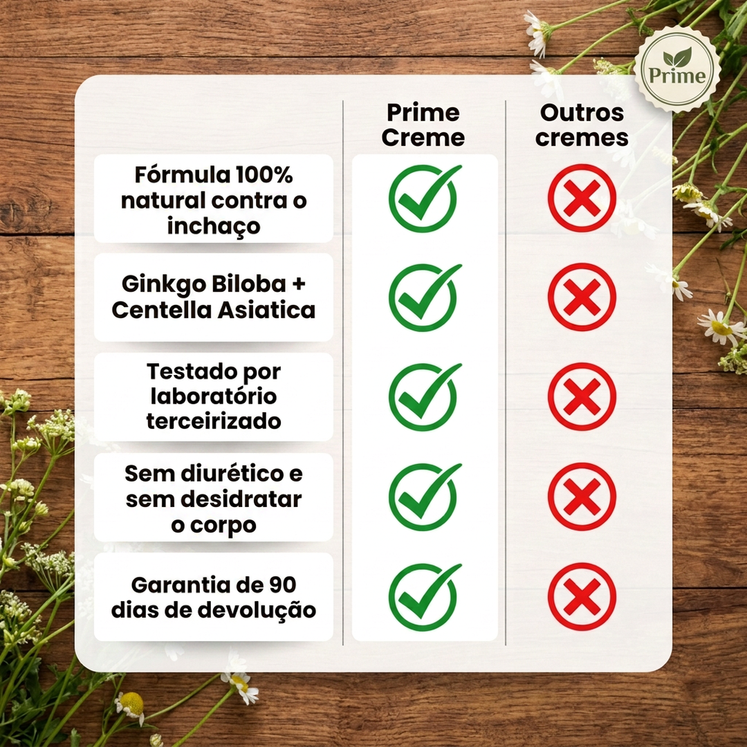 Comparação Prime Creme vs diuréticos e meias de compressão