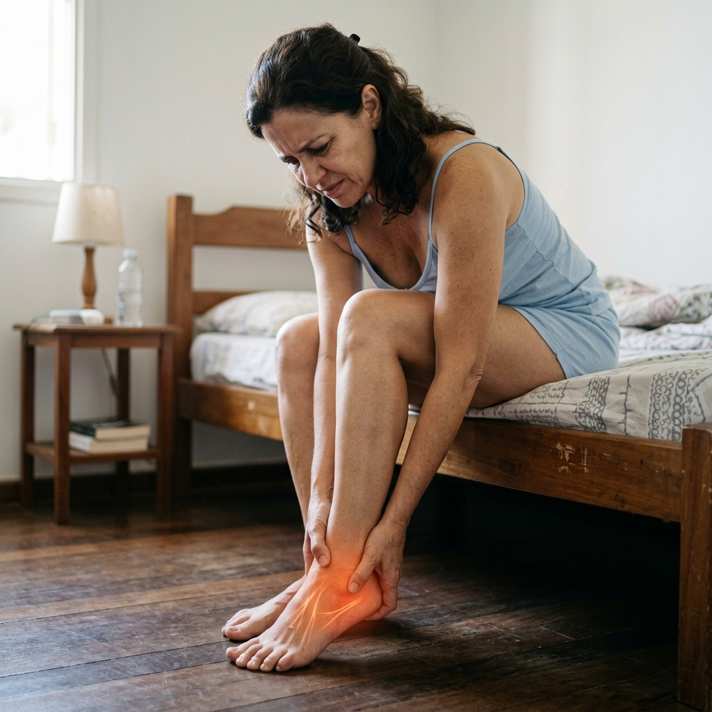 Mulher sentada na beira da cama segurando o calcanhar dolorido ao acordar, com a fáscia plantar inflamada em destaque