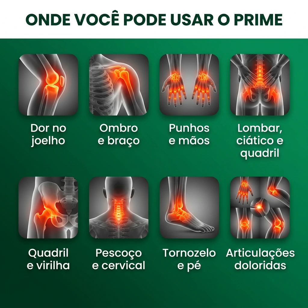 Onde você pode usar o Prime: joelho, lombar e ciático, ombro e costas, punhos e mãos, calcanhar e perna, cabeça e pescoço, e articulações doloridas